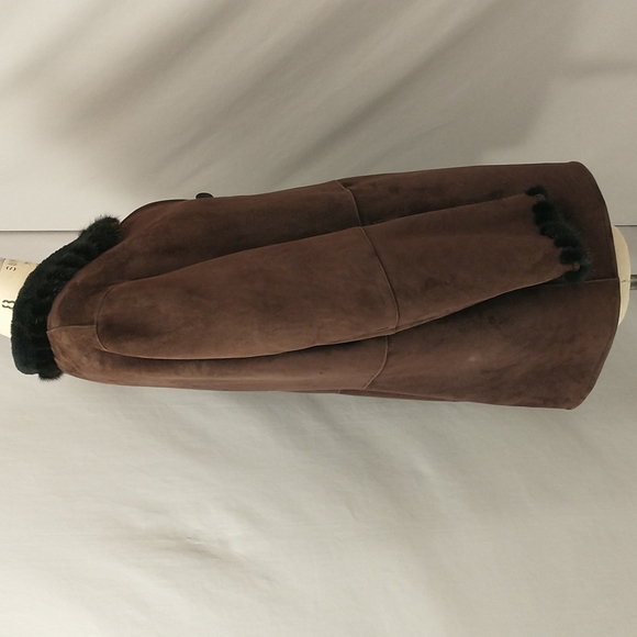 Authentic Shearling USA made Coat Long Jacket Dark Brown Suede Leather Fur Trim - Picture 3 of 16